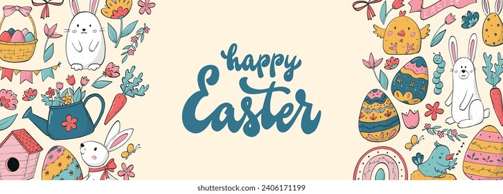 happy Easter lettering quote and border of doodles for banners, prints, greeting cards, templates, invitations, etc. EPS 10