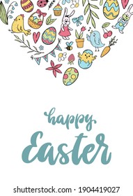 Cita de letras de pascua feliz decorada con doodles para tarjetas de felicitación, afiches, pancartas, impresiones, invitaciones, etc. EPS 10
