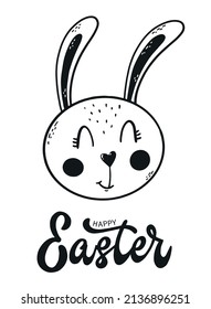 Happy Easter lettering quote decorated with hand drawn rabbit for nursery posters, prints, greeting cards, invitations, etc. EPS 10