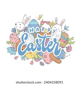 Happy Easter lettering quote decorated with cute doodles on the background for prints, greeting cards, stickers, banners, posters, invitations, sublimation, etc. EPS 10