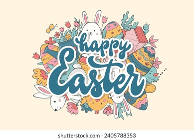 Happy Easter lettering quote decorated with doodles for greeting cards, posters, prints, banners, invitations, sublimation, stickers, etc. EPS 10