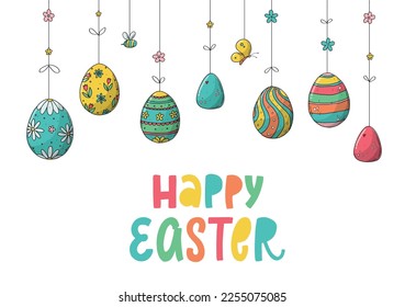 Happy Easter lettering quote deocrated with hanging eggs on white background. Good for banners, invitations, templates, greeting cards, posters, etc. EPS 10