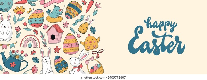 Happy Easter lettering quote deocrated with doodles for banners, prints, invitations, sale leaflets, cards, templates, etc. EPS 10