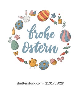 Happy Easter lettering quote in German decorated with wreath of doodles for posters, cards, templates, prints, invitations, etc. EPS 10