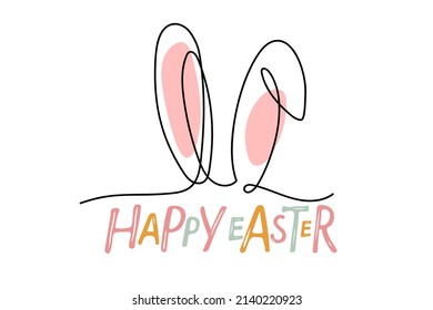 Happy Easter lettering with rabbit ears. Easter Day template. Vector phrase isolated on white background to easter design. Continuous one line drawing ears for family holiday decor, poster, card.