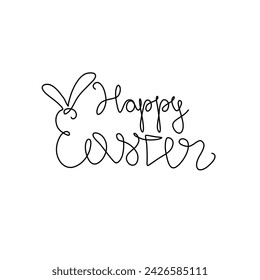 Happy Easter lettering with rabbit ears for greeting card, invitation template. Continuous line drawing, hand lettering, print for clothes, isolated vector illustration.