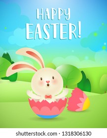 Happy Easter lettering, rabbit hatching from egg and landscape. Easter greeting card. Typed text, calligraphy. For greeting cards, posters, invitations, banners, leaflets and brochures.