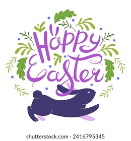 Happy Easter lettering and rabbit postcard. Easter design with typography, bunnies, flowers, bunny ears Bunnies, floral doodle. Folk style patterned design. Modern minimal style. Vector illustration.