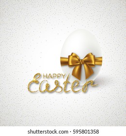 Happy Easter Lettering with Realistic 3D egg and golden bow. Luxury festive holiday background. Vector illustration.
