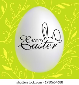 Felices letras de Pascua con huevo realista sobre fondo verde con flores. Tarjeta de saludo de ilustración vectorial, anuncio, promoción, banner web, afiche, volante, diseño