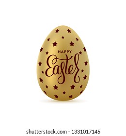 Happy Easter lettering with realistic golden egg. Vector illustration greeting card, poster, flyer, web-banner.