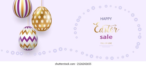 Felices letras de Pascua con huevos de oro morados de aspecto realista. Patrones geométricos. Tarjeta de saludo, invitación, cartel, plantilla de banner. Ilustración del vector