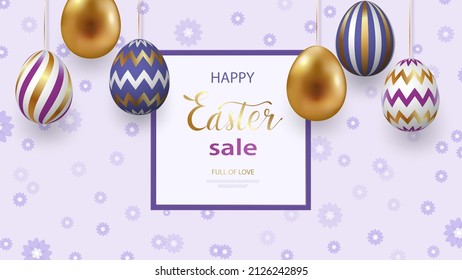 Happy Easter lettering with realistic looking purple golden eggs. Geometric patterns. Greeting card, invitation, poster, banner template. Vector