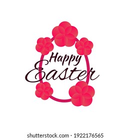 Happy Easter lettering with red egg frame and flowers. Vector illustration
