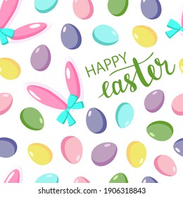 Happy Easter lettering seamless pattern with colorful eggs and bunny ears on white background. Spring vector for banners, wrapping paper, posters, scrapbooking, pillow, cups and fabric design. 

