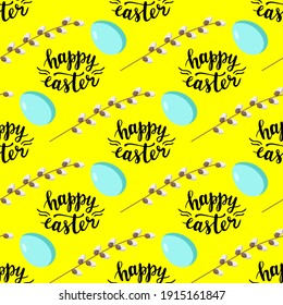 Happy Easter lettering seamless pattern with colorful eggs. Spring season holidays quotes and phrases for cards, banners, posters, mug, scrapbooking, pillow case, phone cases and clothes design. 