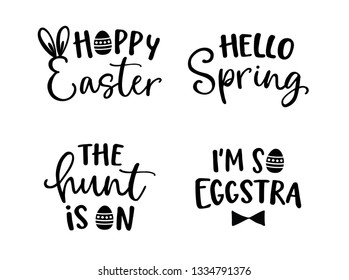 Happy Easter lettering set. Black hand lettered quotes with eggs for greeting cards, gift tags, labels, T-shirts. Typography collection. Spring and Easter egg hunt concept. Isolated vector s