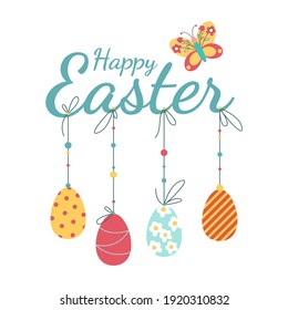 Happy Easter lettering set with colorful eggs for invitation, banner, poster. Happy Easter text isolated on a white background.  Vector illustration 