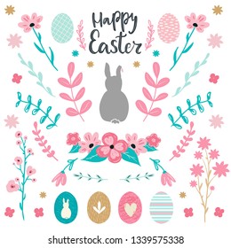 Happy Easter lettering and set of easter decorative elements, florals, flowers, bunny rabbit silhouette, eggs for cards, templates, flyers,banners design. Vector illustration