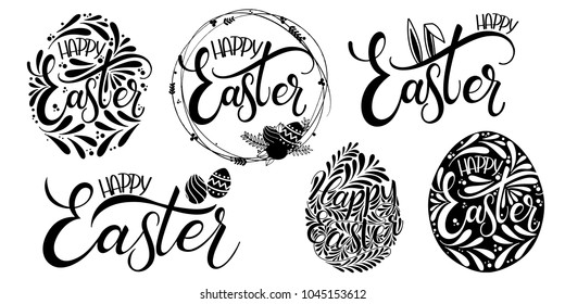 Happy Easter lettering set. Hand written Easter phrases. Seasons Greetings. Easter Quotes