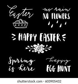 Happy Easter lettering set. Handwritten chalk quotes for greeting cards, gift tags. Typography collection. Isolated vector illustrations, blackboard background. Spring concept.