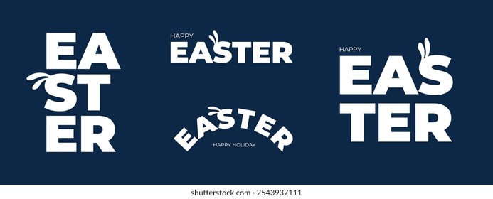 Happy Easter lettering set. Paschal celebration modern inscription for greeting card. Springtime holiday letters logo. Trendy typography logotype with cute bunny ears. Eps badge