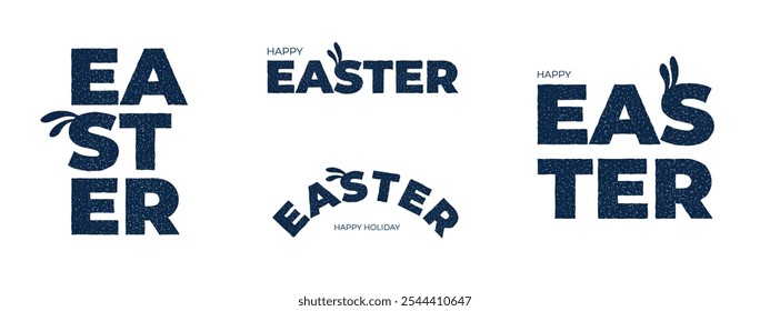 Happy Easter lettering set. Paschal celebration modern inscription for greeting card. Springtime holiday letters logo. Trendy typography logotype with cute bunny ears. Eps retro style badge