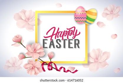 Happy Easter lettering with spring flowers