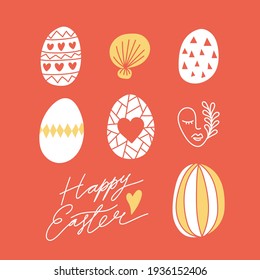 Happy easter lettering. Easter spring hand drawn eggs collection set. Good for greeting cards, wallpaper, screen background