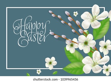 Happy Easter lettering. Springtime inscription with white flowers, buds in frame. Handwritten text, calligraphy. Can be used for greeting cards, posters and leaflets