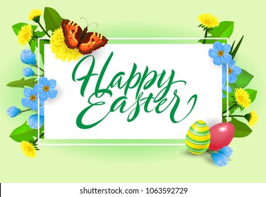 Happy Easter lettering. Springtime inscription with flowers and eggs. Handwritten text, calligraphy. Can be used for greeting cards, posters and leaflets
