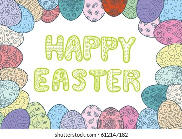 Happy Easter lettering surrounded by colorful Easter eggs. Stock Vector