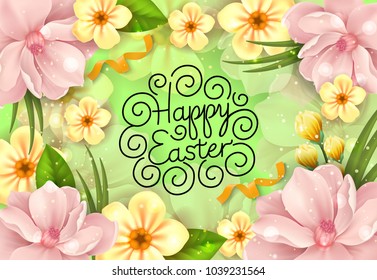 Happy Easter lettering with swirls, yellow flowers and pink blossoms on green background. Calligraphic inscription can be used for greeting cards, festive design, postcards, posters