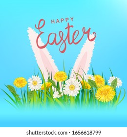 Happy Easter lettering template banner dandelions and bunny ears daisies, grass, floral background. Vector illustration posters, flyers, greeting card, invitation