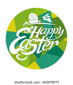 Happy Easter lettering template for holiday. Colorful green vector round sticker.