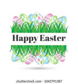 Happy Easter Lettering Text Abstract Frame With Grass Field. Banner. Vector