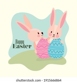 happy easter lettering and two pink rabbits with easter eggs vector illustration design
