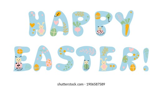 Happy Easter lettering. Vector blue letters with rabbit, eggs, radish and branches, leaves, berries, hearts, beetles. Cartoon style