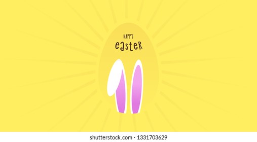 Happy easter lettering vector. Easter bunny ears in a yellow background. Banner, vector. 