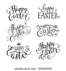 Happy Easter lettering. Vector collection of hand written Easter greeting card text templates isolated on white background.