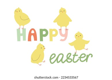 Happy Easter lettering. Vector cute chicks on a white background. 