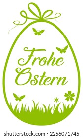 Happy Easter lettering vector with Easter egg in German language in green. White isolated background.
Easter greeting Ornament with gift ribbon, flower, gras and Butterfly.