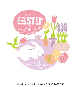 Happy Easter lettering and vector illustration. Easter eggs, spring flowers in pots, Easter Bunny. For spring celebration postcard, card, invitation, poster, banner. Seasons Greetings.