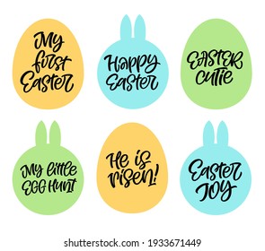 Happy Easter lettering vector illustration. Set of handwritten phrases, quotes and slogans for greeting card, party invitation, prints or social media design. Unique hand drawn calligraphic elements