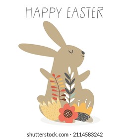 Happy Easter lettering with a vector illustration of a rabbit decorated with flowers, for invitations, birthdays, cards, banners.