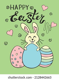 HAPPY EASTER lettering - vector template for greeting card with cute funny contoured easter bunny and eggs. Hand drawn doodle flat style, isolated
