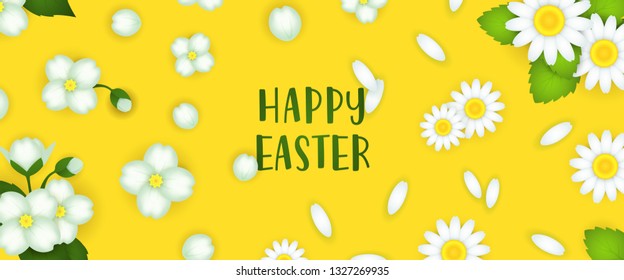 Happy Easter lettering with white flowers. Easter greeting card. Typed text, calligraphy. For leaflets, brochures, invitations, posters or banners.