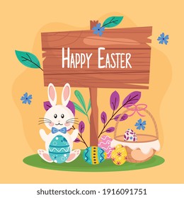 happy easter lettering in wooden label with rabbit and eggs painted in basket vector illustration design