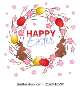Happy Easter lettering. Easter wreath with Easter eggs, chocolate rabbit, flowers and branches on white background. Decorative frame with violet elements. Unique design for your greeting cards, banner