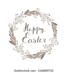 happy easter lettering wreath postcard. Leaves, fruits, berries and handwritten congratulations. Round frame. Template for postcards, advertising, stories. Vector illustration, hand drawn